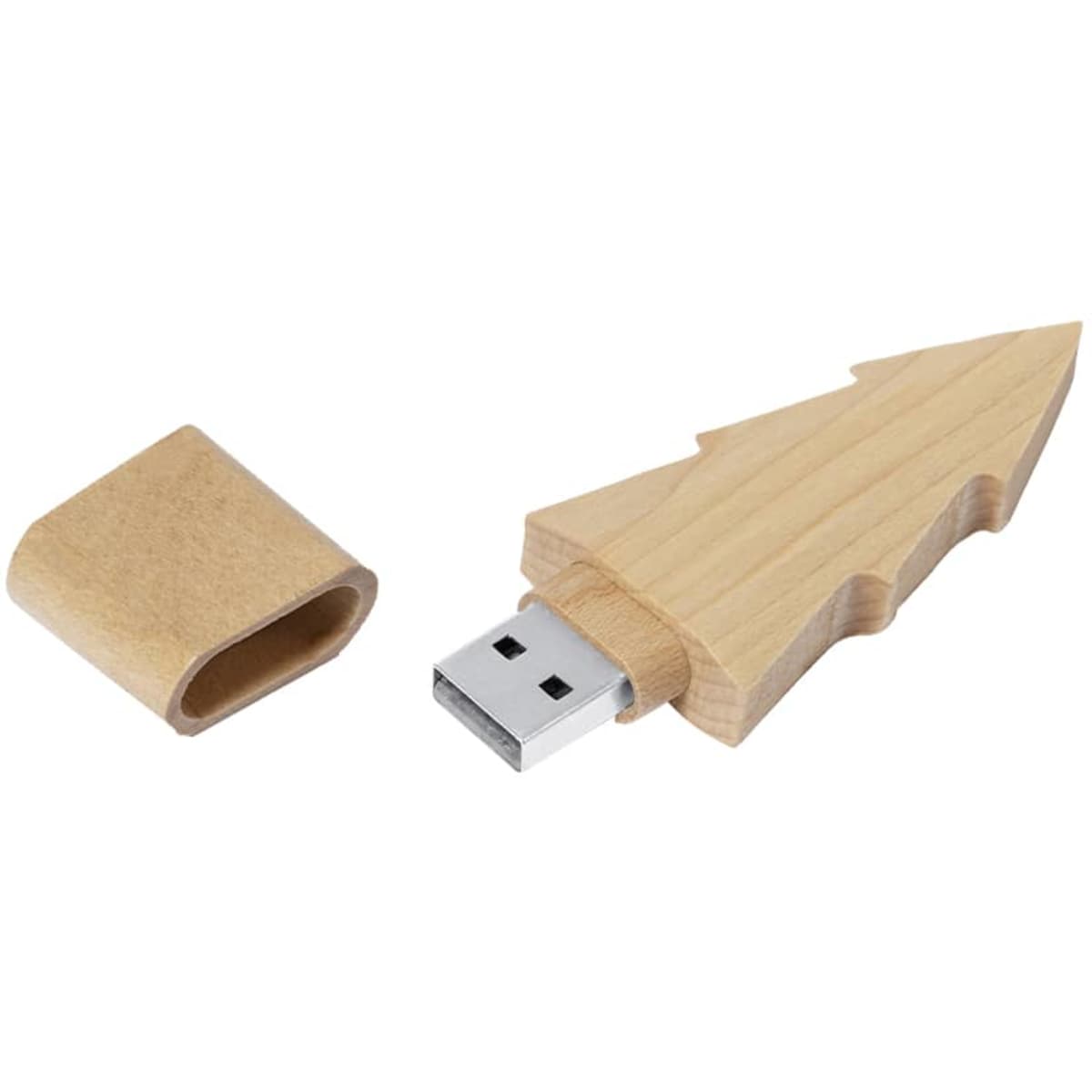 A wooden USB drive shaped like a tree, with a removable cap, showcasing a natural wood finish.