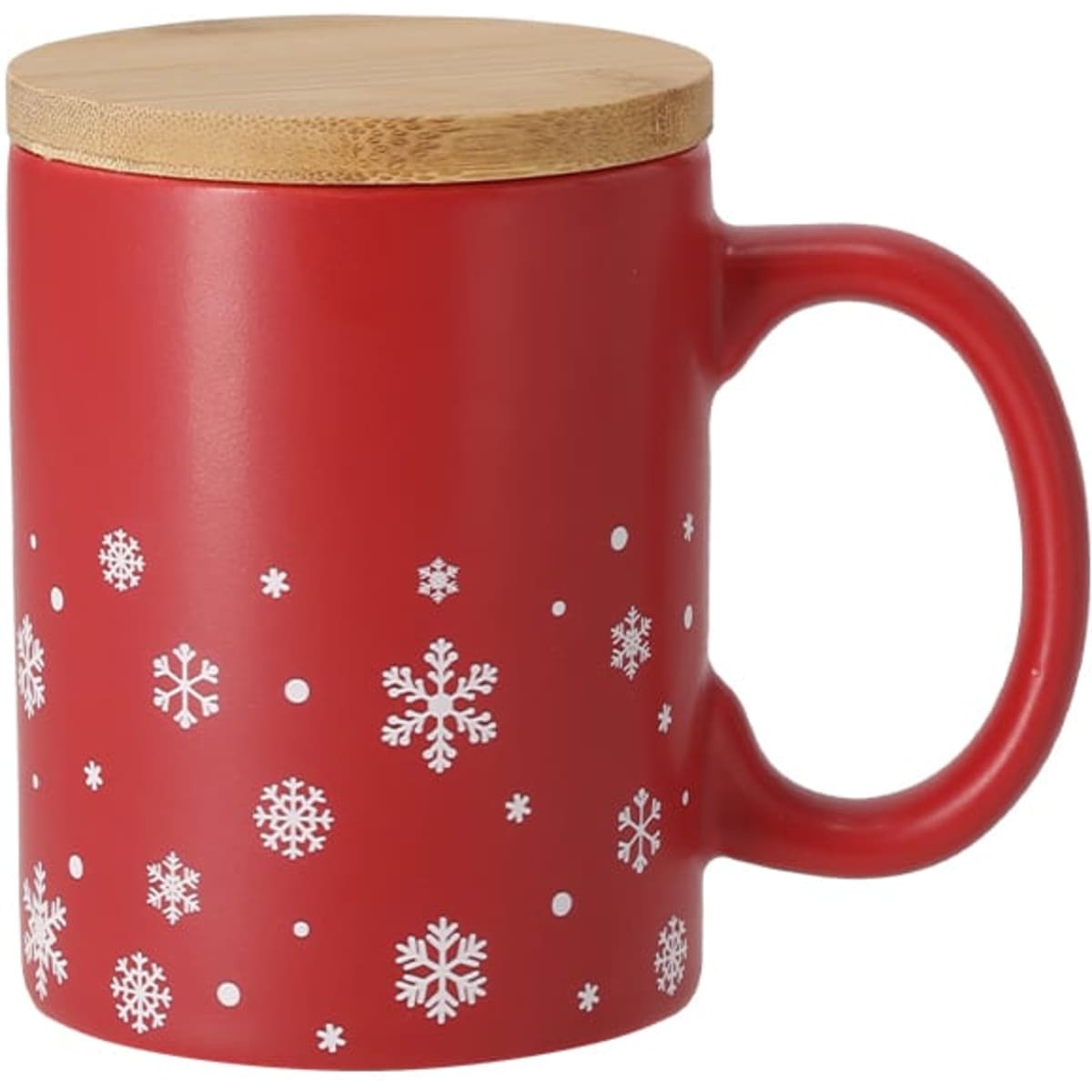 A red mug with white snowflake patterns and a bamboo lid, featuring a comfortable handle and a sleek design.