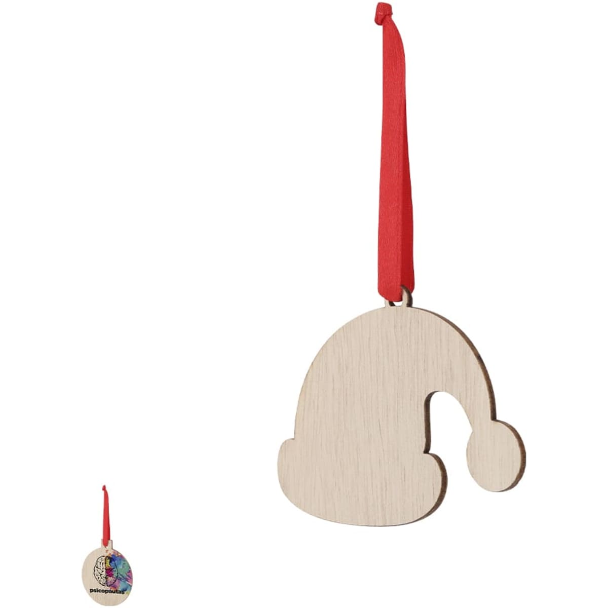 A wooden Christmas hat ornament with a red ribbon for hanging. The ornament is unpainted and natural in colour.