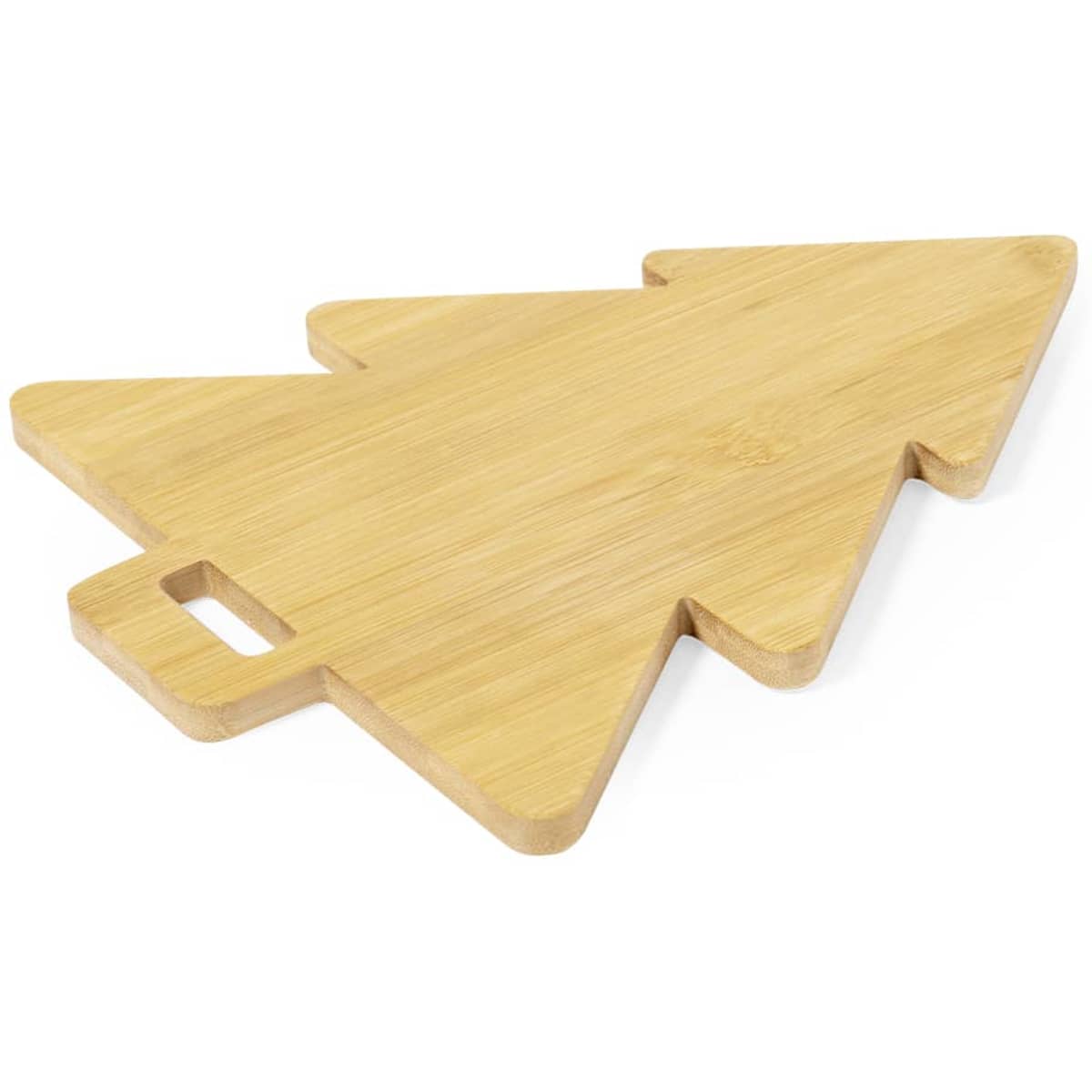 A bamboo chopping board in a tree shape, featuring a handle for easy grip.