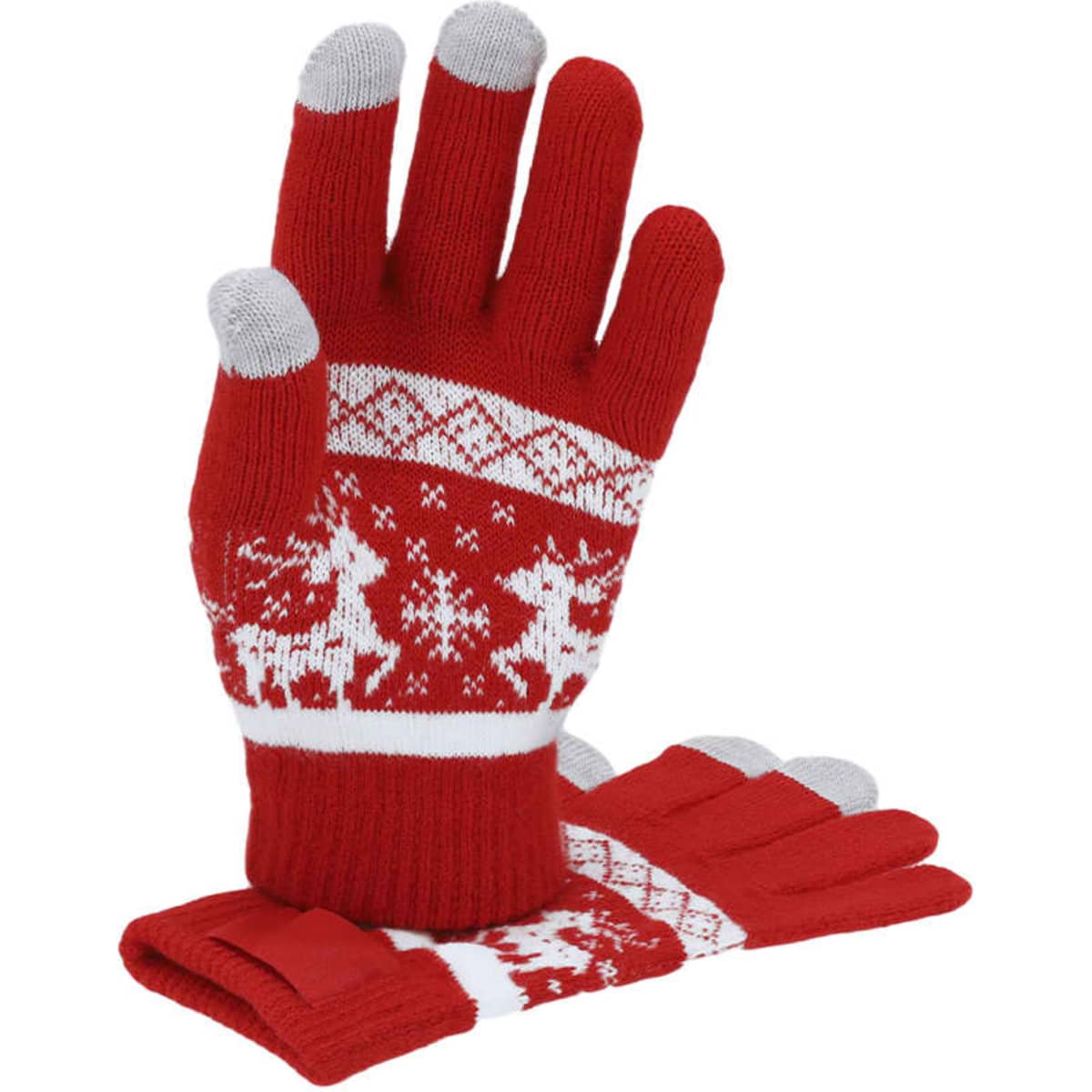A pair of red knitted gloves featuring a festive pattern with white reindeer and grey fingertips.