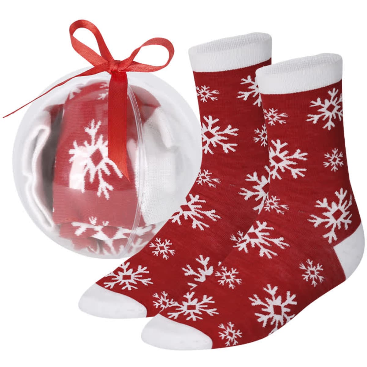 Red socks with white snowflake patterns, displayed inside a clear packaging with a ribbon.