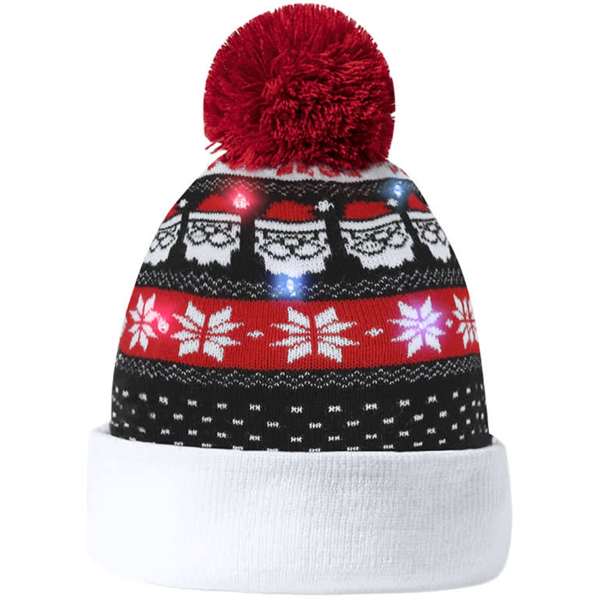 A festive black beanie with a red pom-pom, featuring Santa and snowflake designs, and built-in lights.