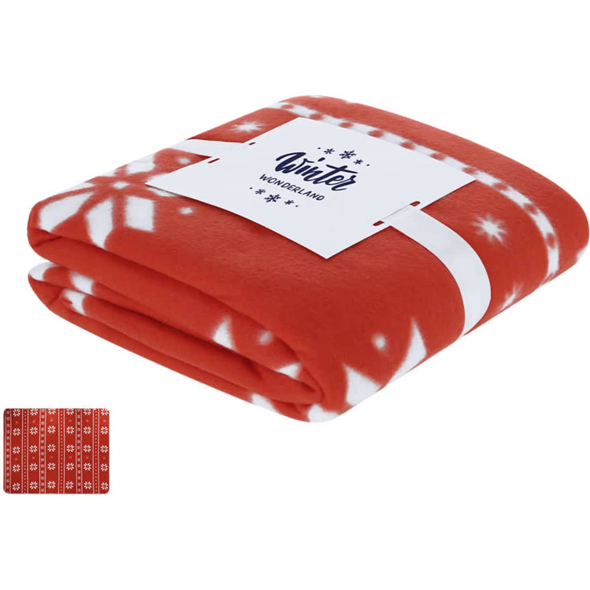 A folded, red Yalanny blanket with white snowflake patterns, featuring a logo and a small image of a matching design.