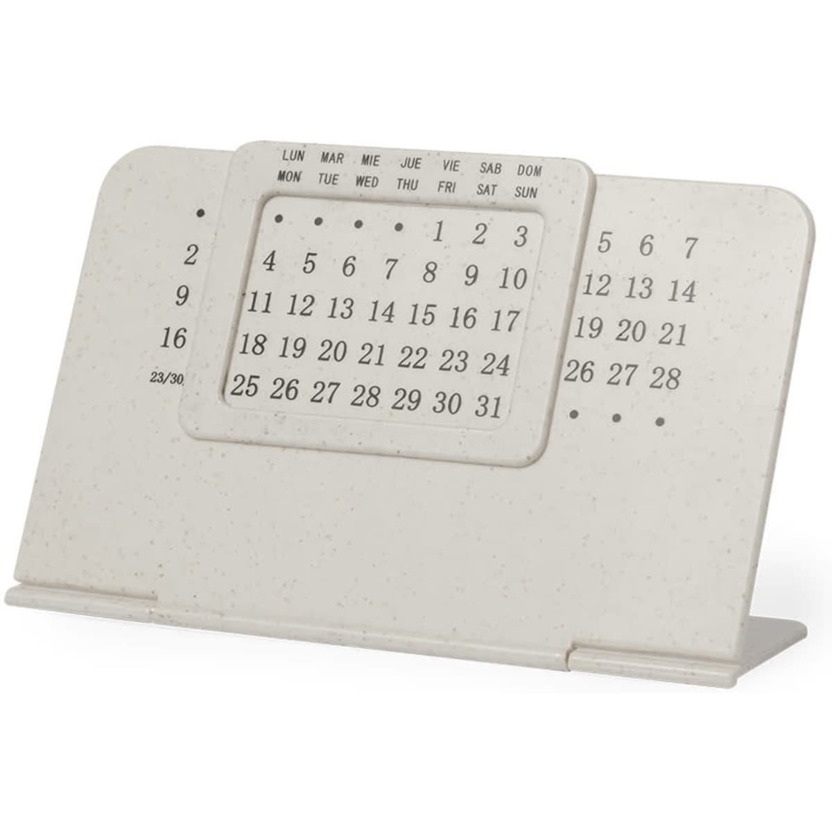A white desk calendar with a modern design, displaying the days, dates, and months in a simple layout.