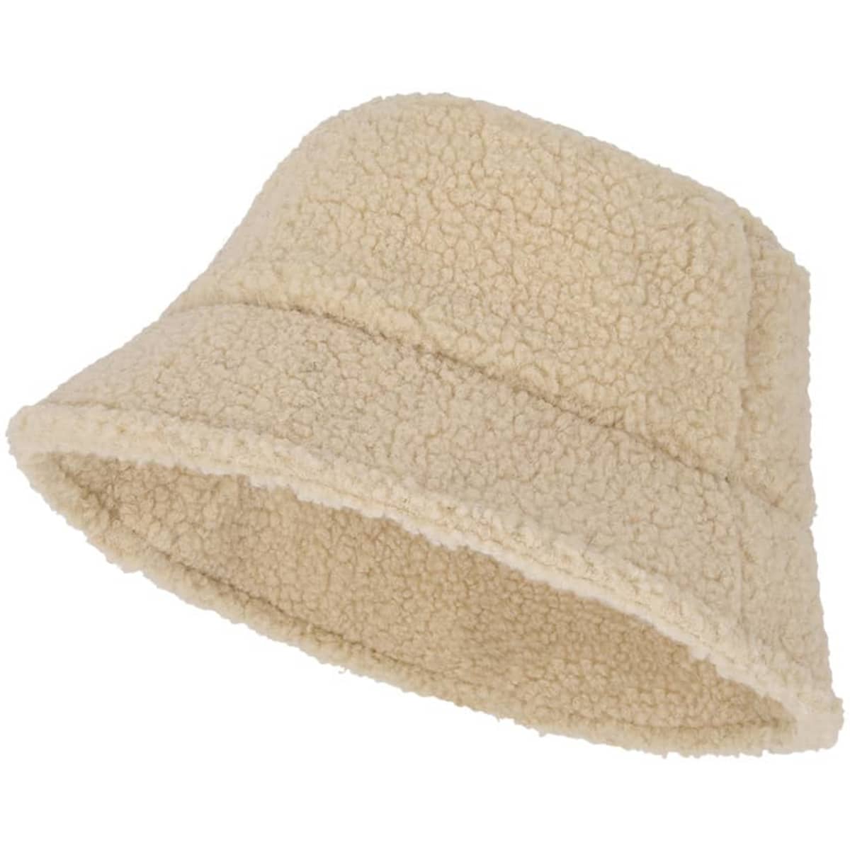 A beige beanie with a soft, textured fabric and a bucket hat style. It features a logo branding.