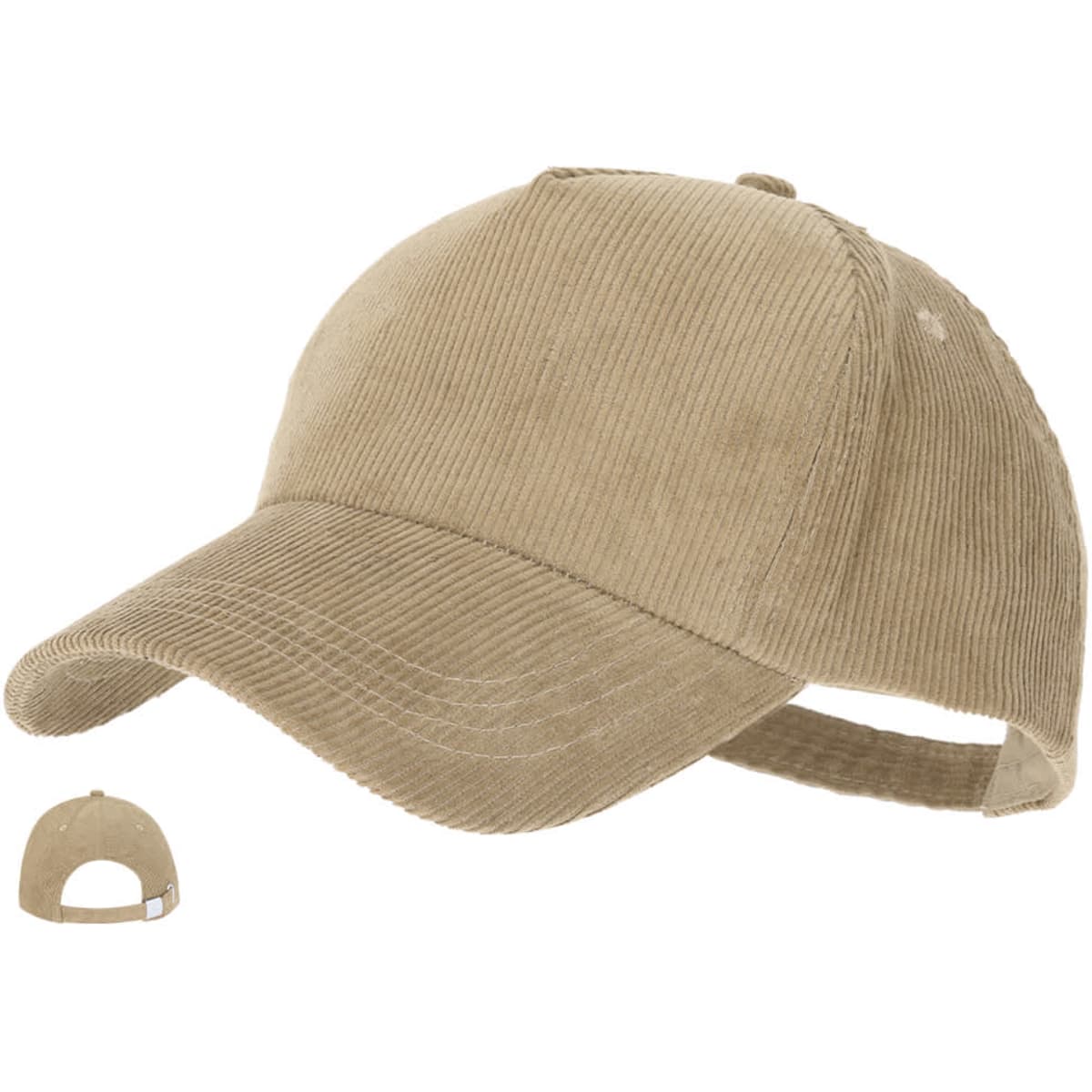 A beige corduroy cap with a curved brim and adjustable strap, featuring a logo on the back.