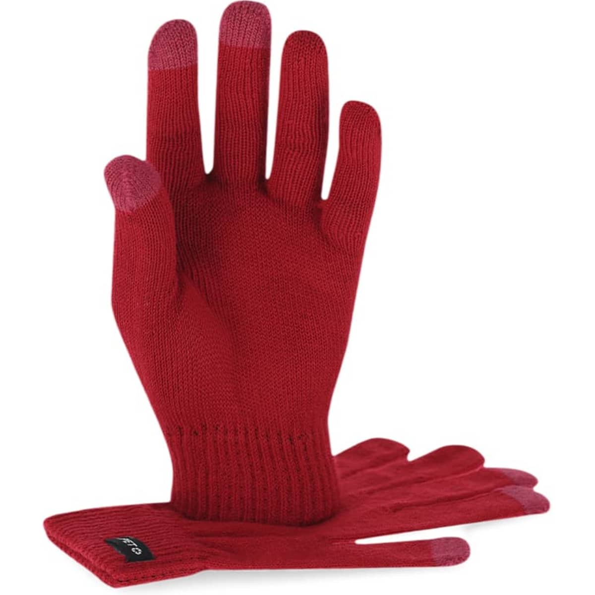 Red gloves with pink tips, featuring a logo, laid out showing both the palm and back of the hand.
