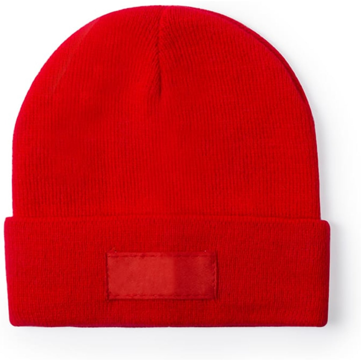 A red beanie with a folded brim and a logo patch on the front.