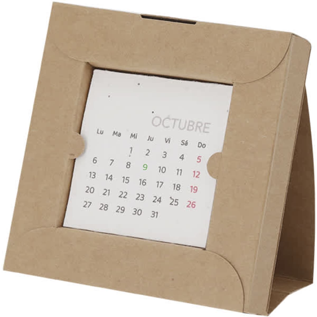 A desk calendar in a tan cardboard stand, featuring a monthly layout for October with numeric dates.