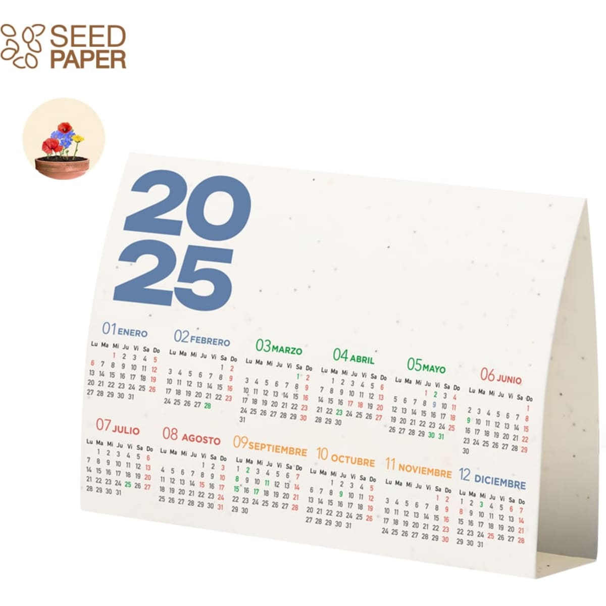 A desktop calendar for 2025, featuring a colourful design with multiple hues and a logo at the top left.