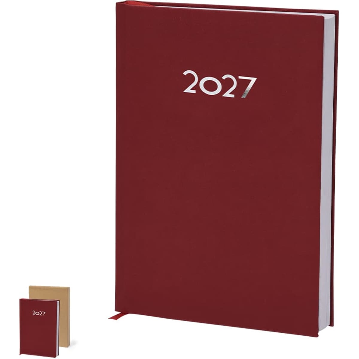 A red diary with a white logo and a smaller tan notebook beside it, both displaying the year 2027.