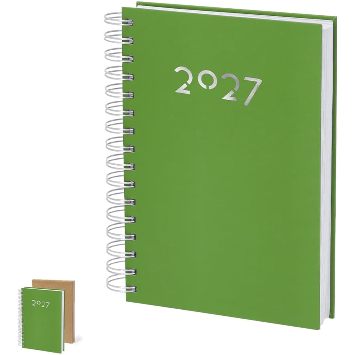 A green diary with a spiral binding, featuring the year '2027' on the cover. A smaller notebook is also displayed nearby.