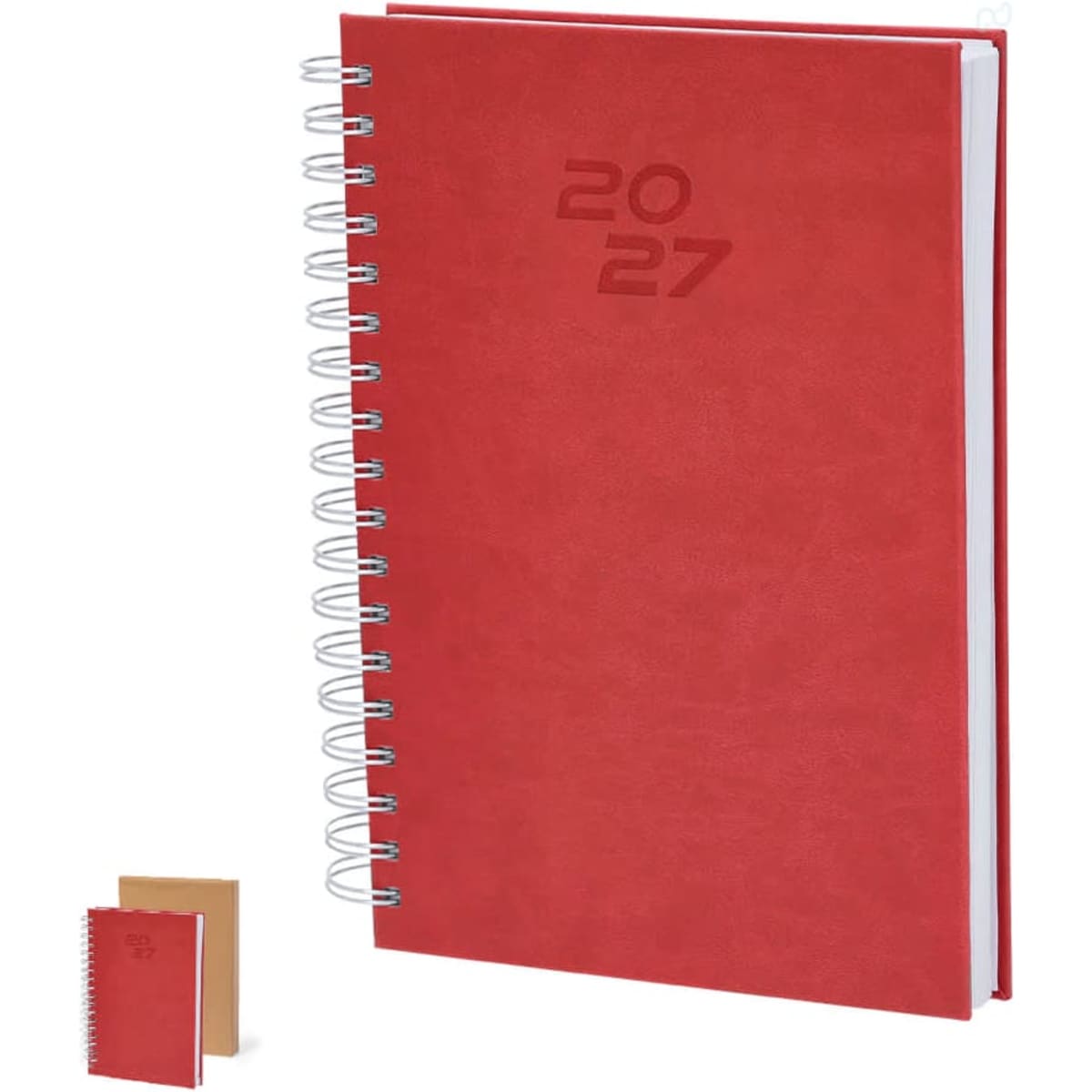 A red spiral-bound diary for 2027 with a smooth cover and a smaller, brown notebook beside it.