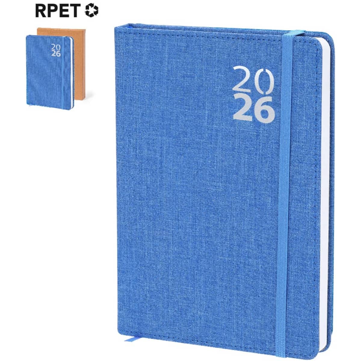 A blue diary with a textured cover, featuring the year "2026" and a matching elastic band. Includes a smaller diary in the background.