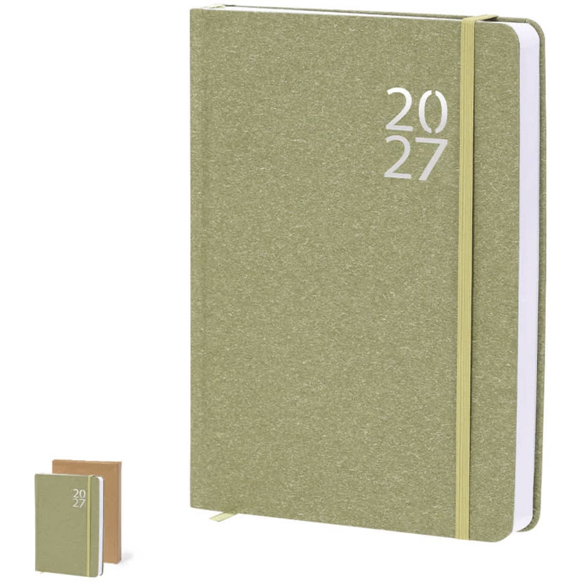 A green diary with a white binding and an elastic closure, alongside a smaller brown diary. Both feature the year 2027.