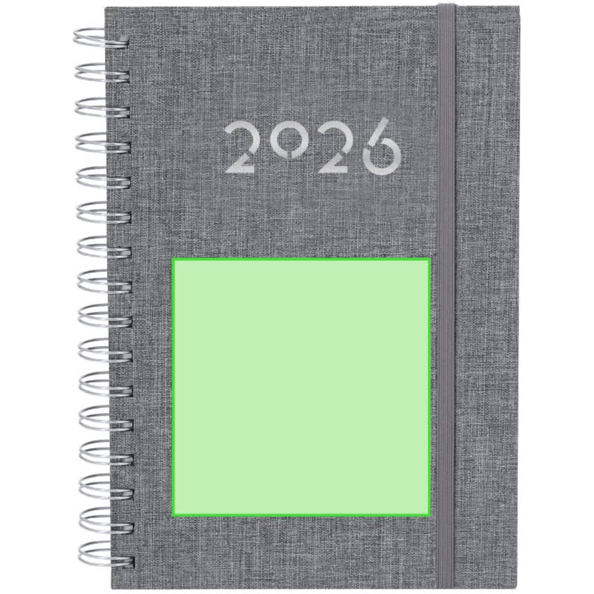 A grey, spiral-bound diary featuring a simple cover design and a green square placeholder for personalisation.