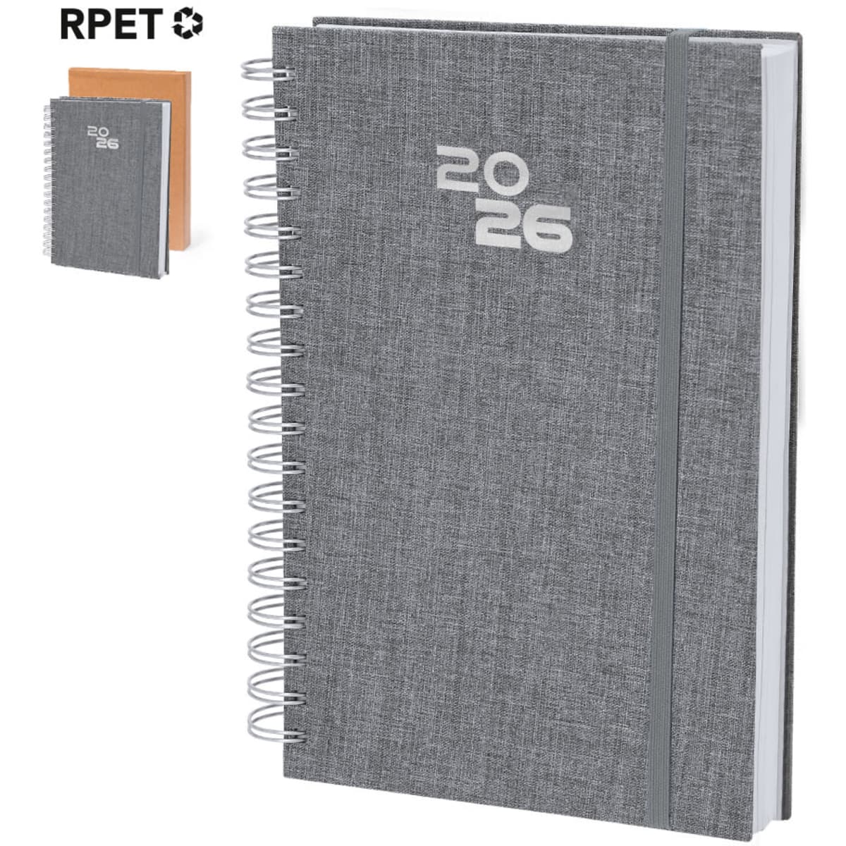 A grey spiral-bound diary with a textured cover, featuring the year 2026 and a logo.