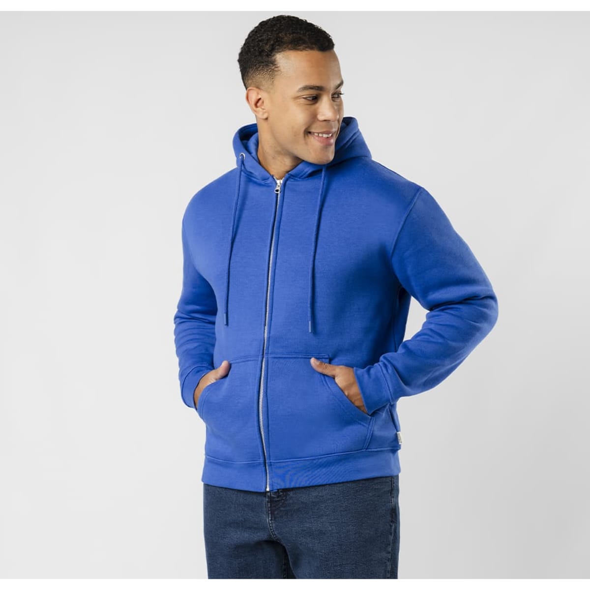 A blue hoodie with a zip front and side pockets, featuring a hood and a branding logo.