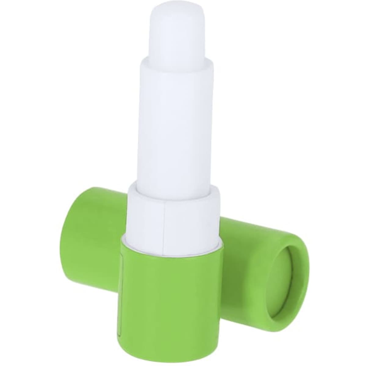 A green lip balm tube with a white applicator. The tube is partially open and has a round base.