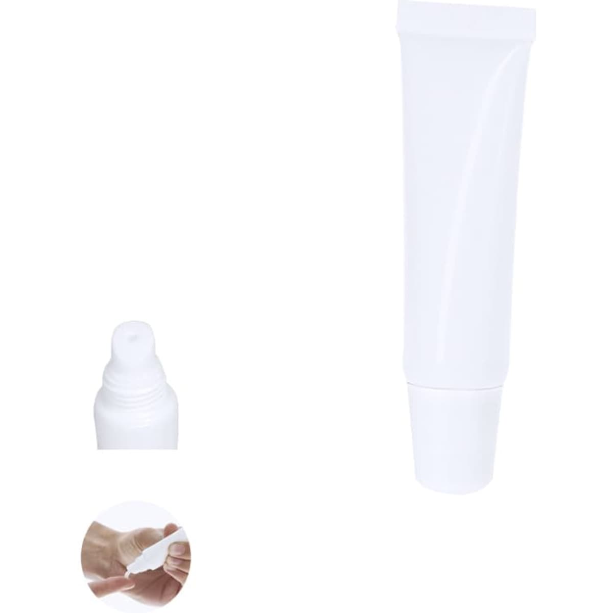 A white tube of lip balm with a pointed applicator tip and a small image of the product being dispensed from the tube.