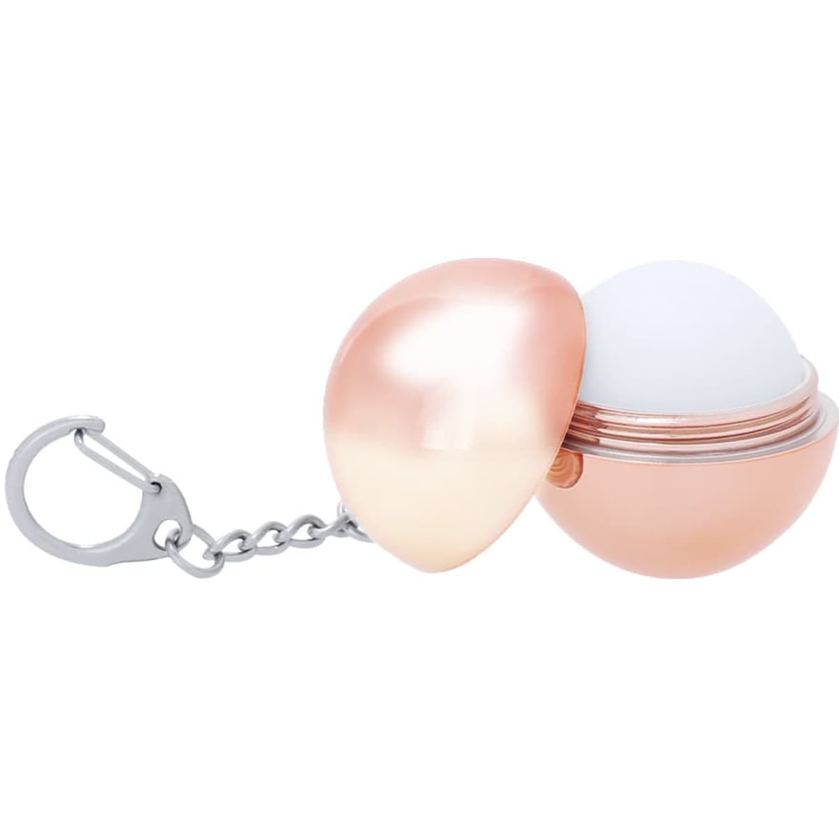 A rose gold keyring in an egg shape, featuring a lip balm container with a silver chain attachment.