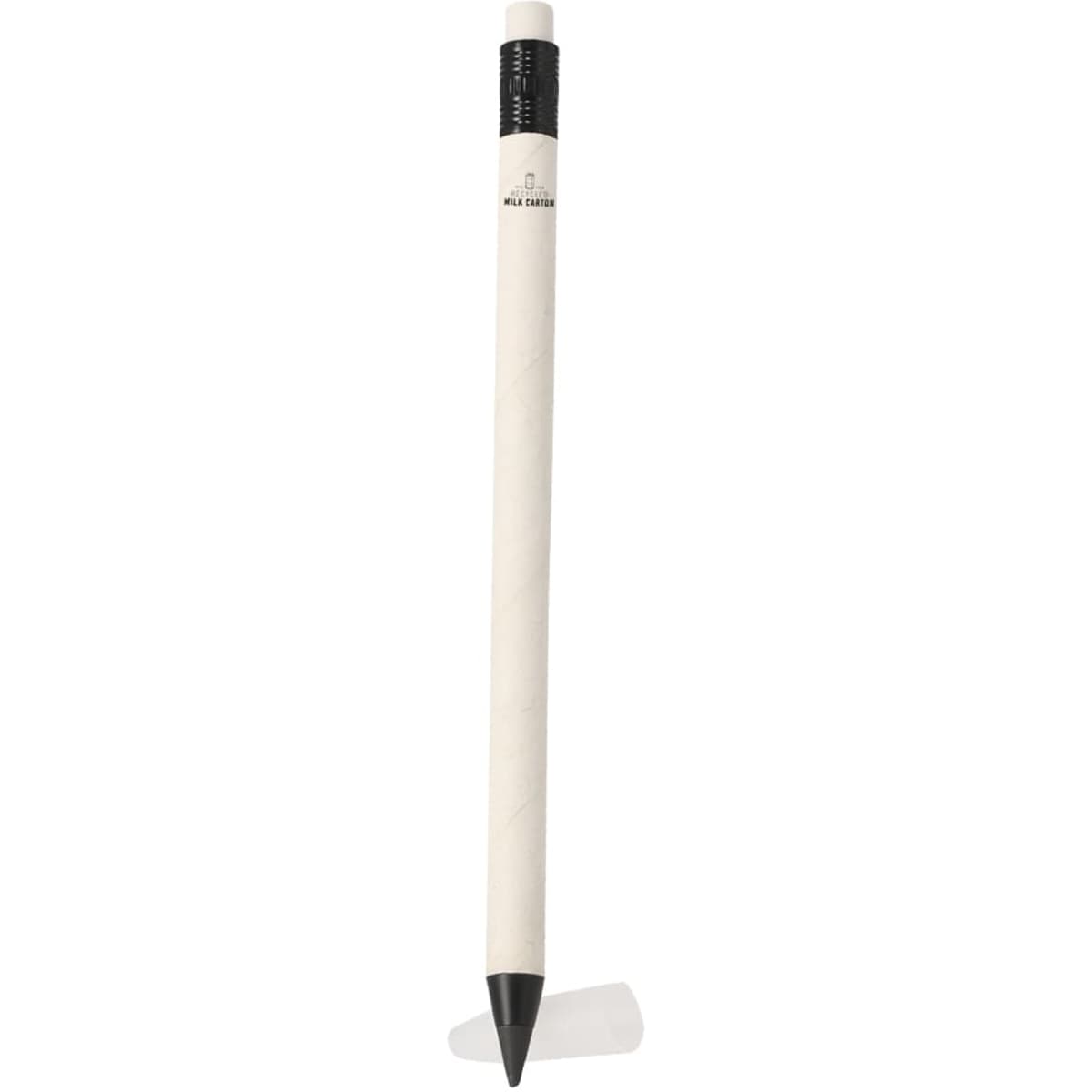 A grey-lead pencil with a natural wooden finish and a black tip, featuring a small branding logo.