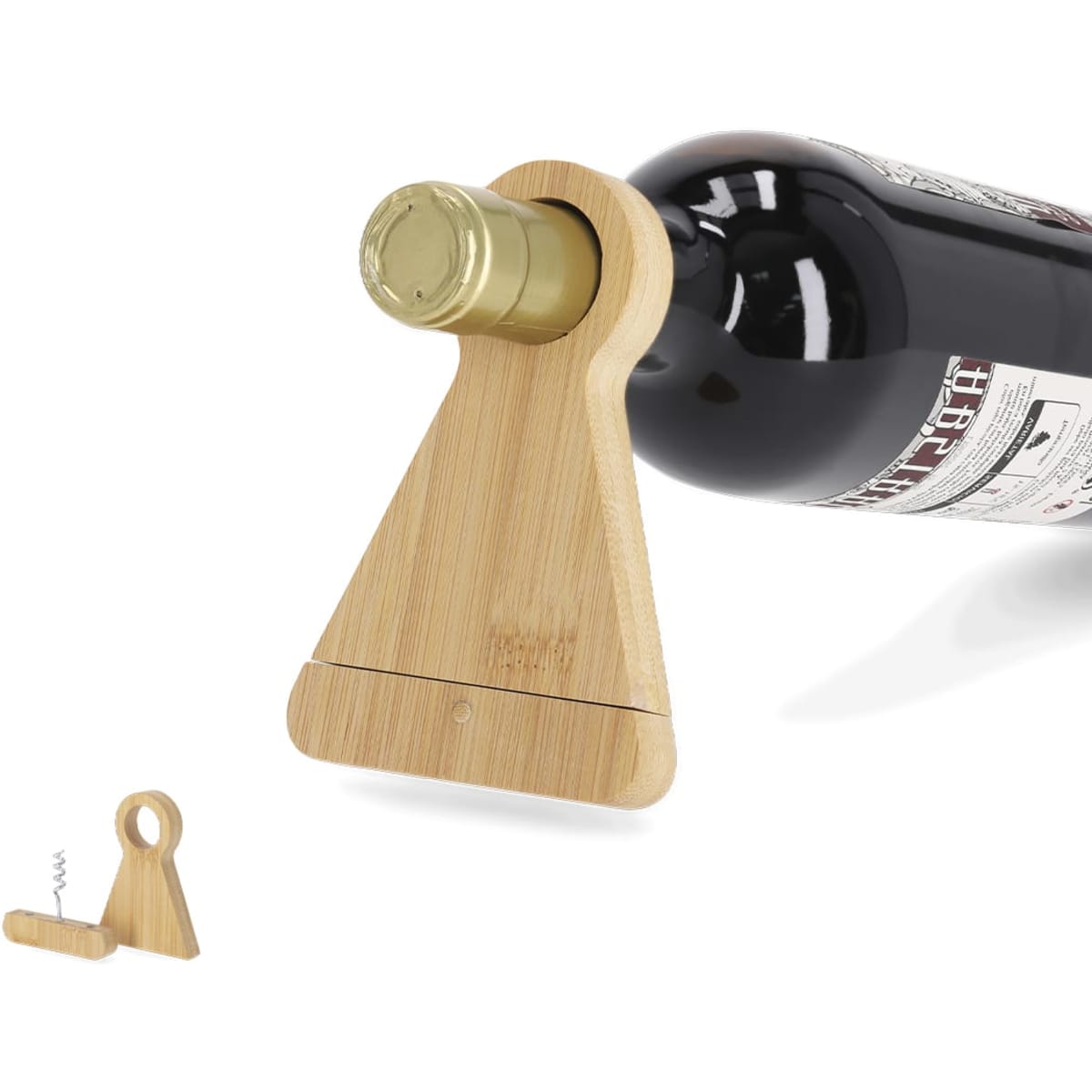 A drink bottle opener made of bamboo, featuring a unique triangular design, with an attached corkscrew.