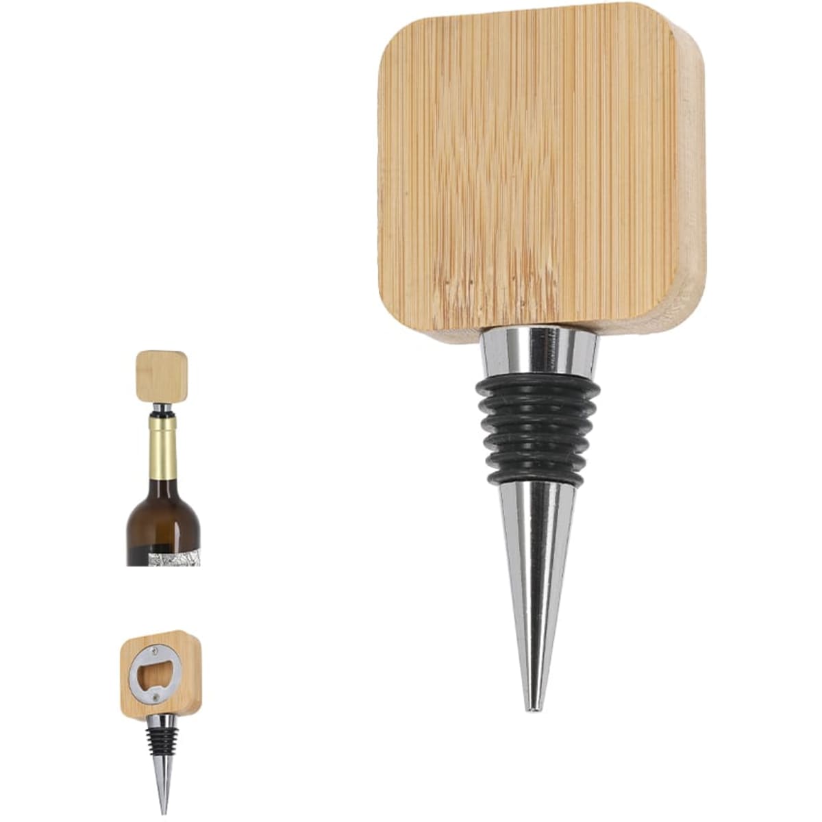 A bamboo bottle opener featuring a square top and a metal spout, designed for drink bottles.