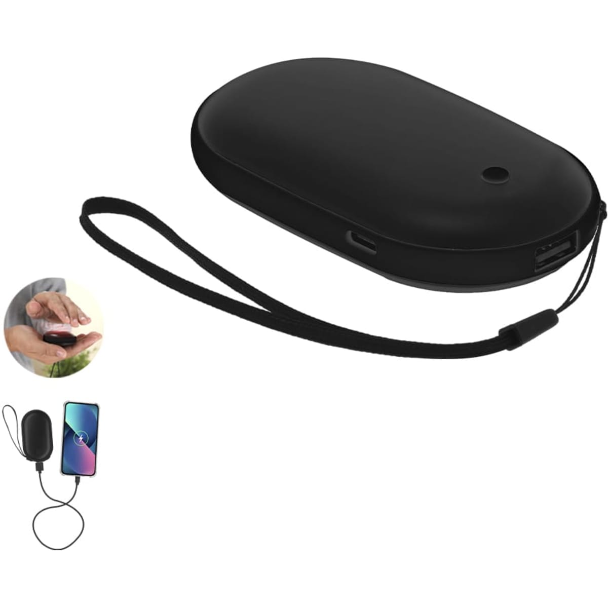 A black Geax Power Bank with a strap and a USB port, accompanied by a smartphone charging illustration.