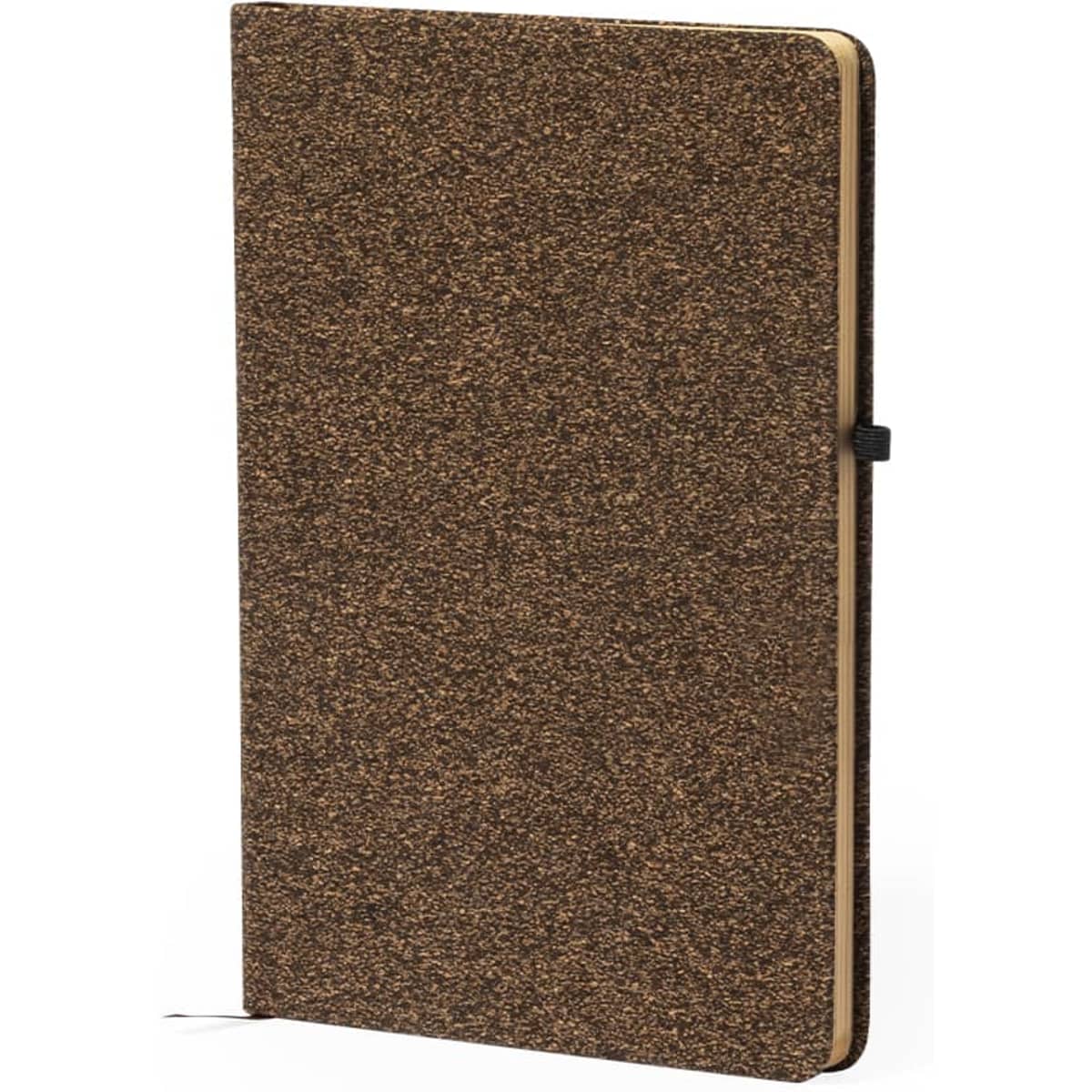 A brown, textured notebook with a ribbon bookmark and a black elastic band, featuring a logo on the cover.
