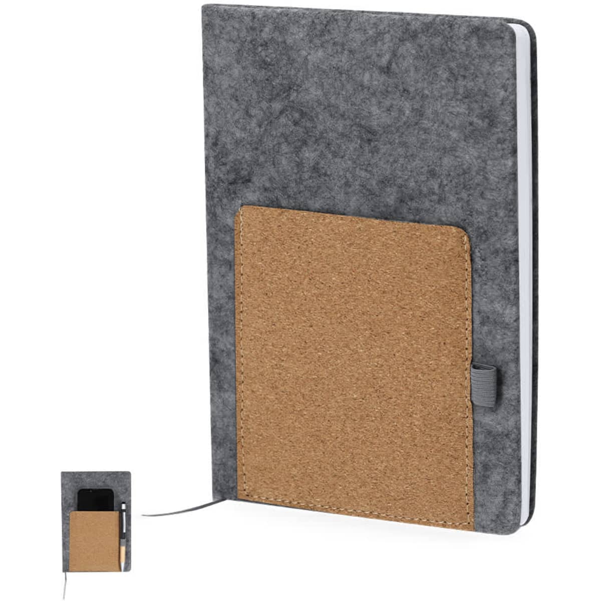 A grey notebook with a cork pocket on the front and a ribbon bookmark. It has a simple, sleek design.