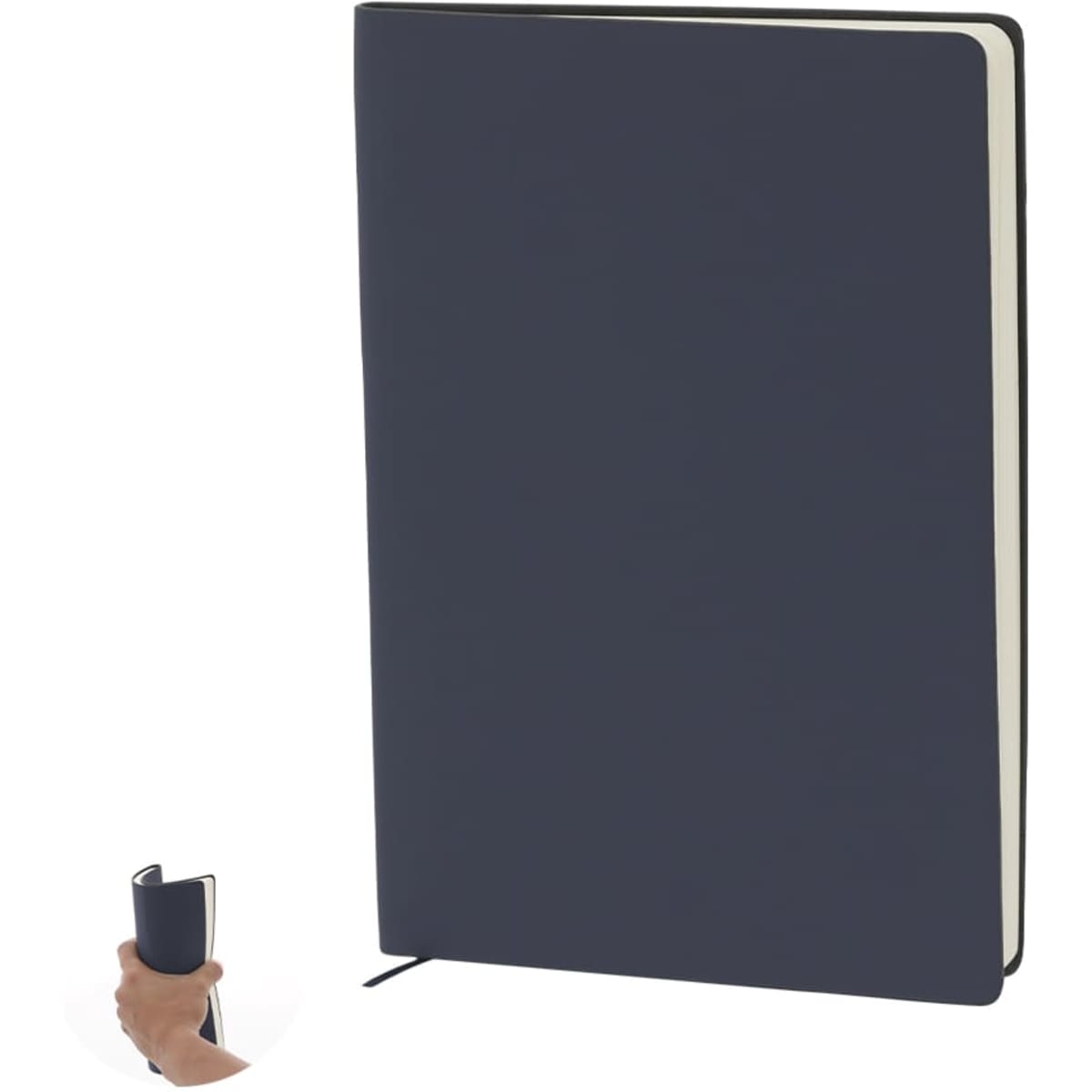 A navy Lazox Notebook with a smooth cover and rounded edges, featuring a ribbon bookmark.