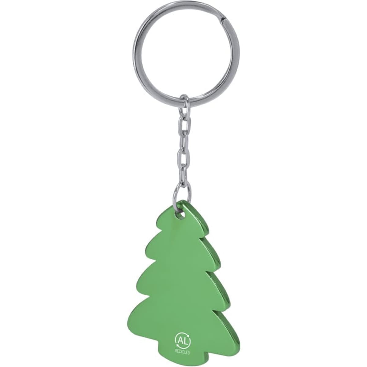 A green tree-shaped keyring with a silver chain and a circular keyring attachment. It features a logo.