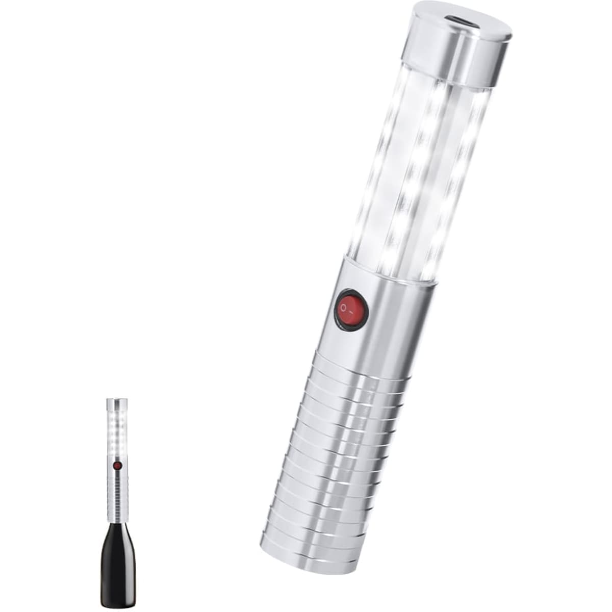A silver flashlight with multiple LED lights and a red power button. Includes a black variant beside it.