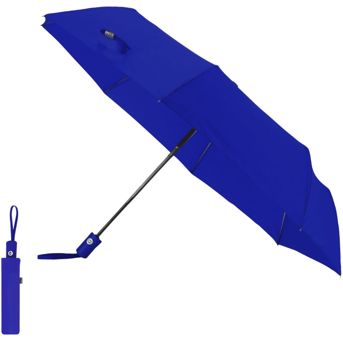 A blue umbrella with a black handle, accompanied by a matching carry case. It features a logo on the handle.