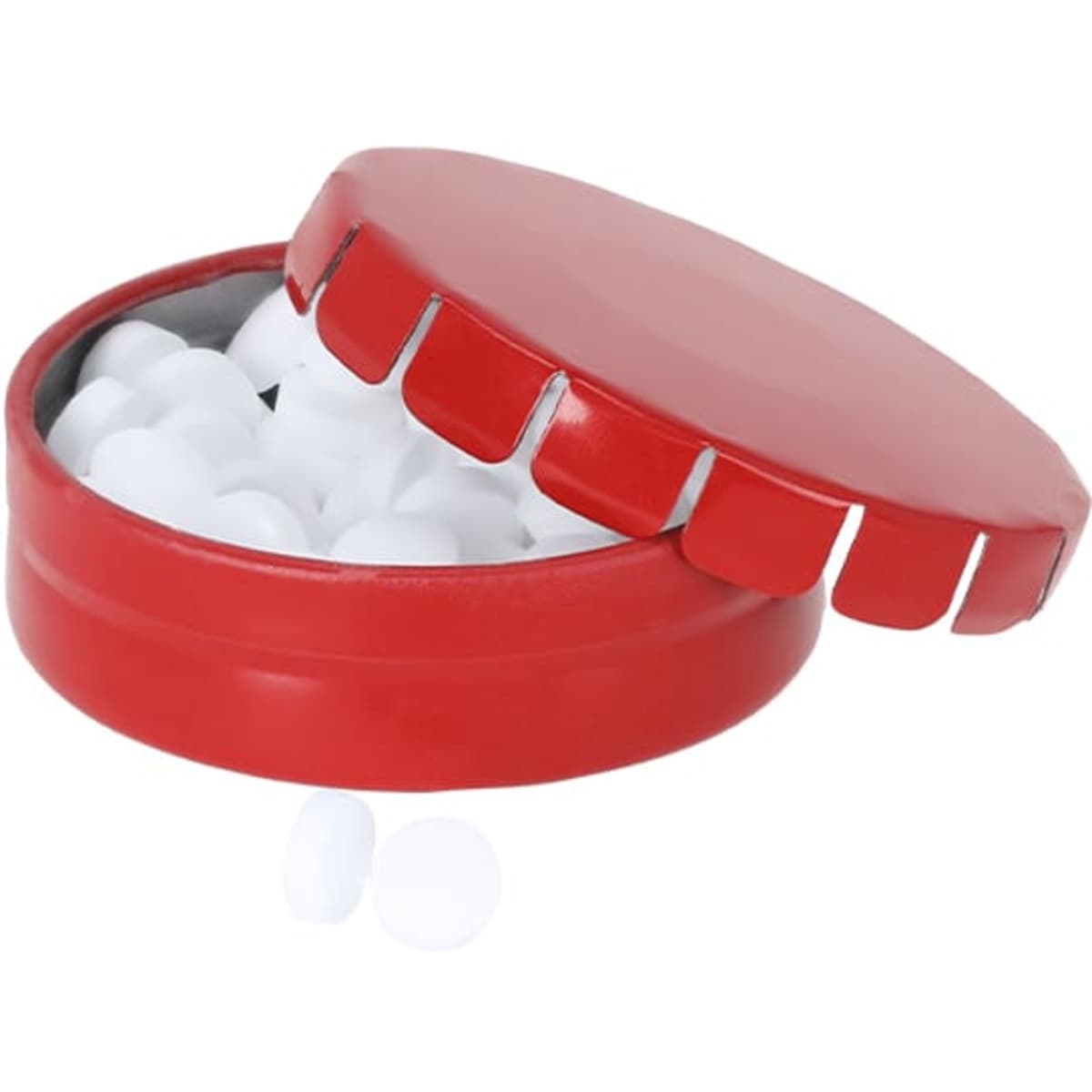 A red circular tin partially open, revealing white mint candies inside, with one mint partially outside the tin.