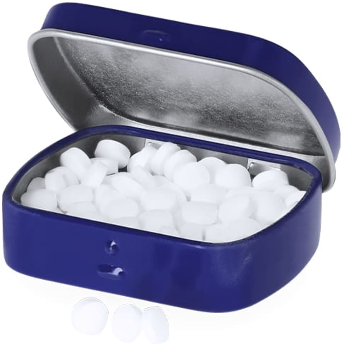 A metal tin in blue, opened to reveal white mints inside.