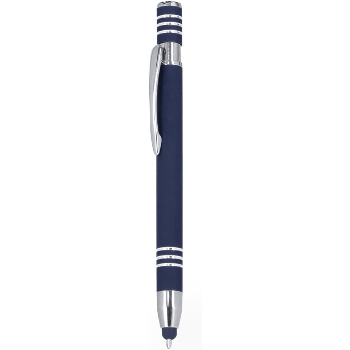 A navy blue ballpoint pen with a silver clip and accent lines, featuring a stylus tip. It has a logo.