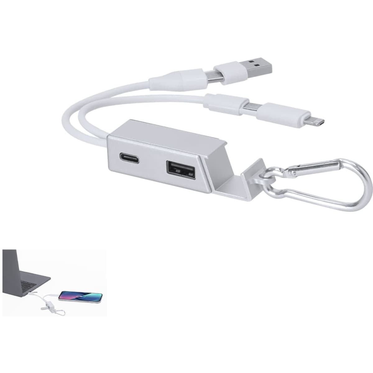 A silver USB hub with a carabiner, featuring USB-C and USB-A ports, and a connection cable.