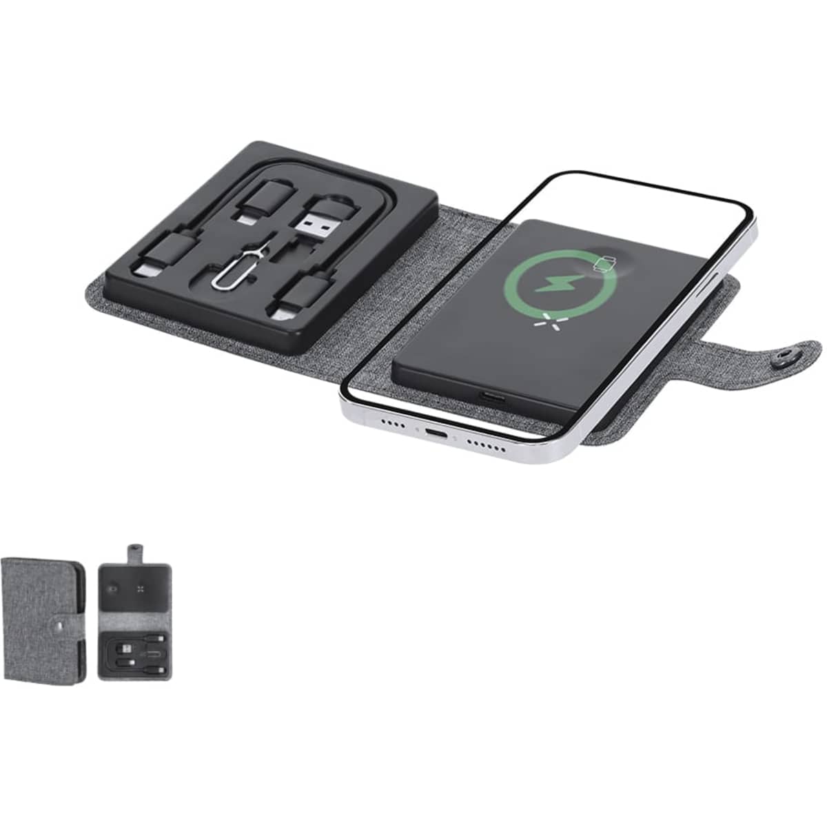 A grey wireless charger with a compact case containing USB and charging cables. The charger features a green charging indicator.