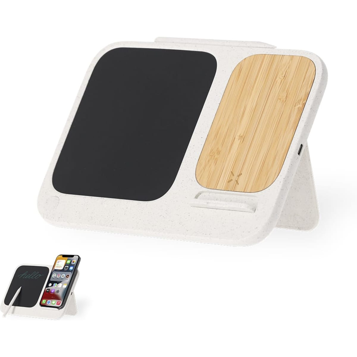 A wireless charger in white with a black surface and a bamboo accent, featuring a stand for devices.
