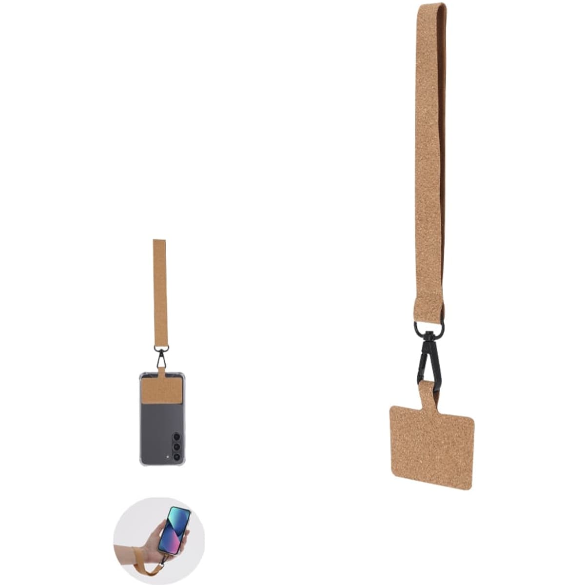 A cork phone holder with a strap, featuring a clip and a rectangular tag for easy carrying.