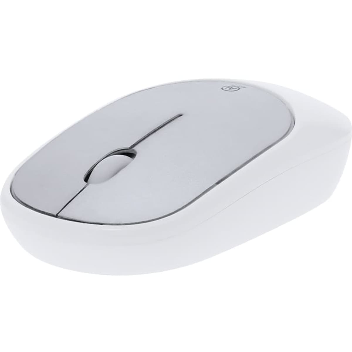 A sleek, white computer mouse with a shiny silver top, featuring a scroll wheel and a minimalist design.