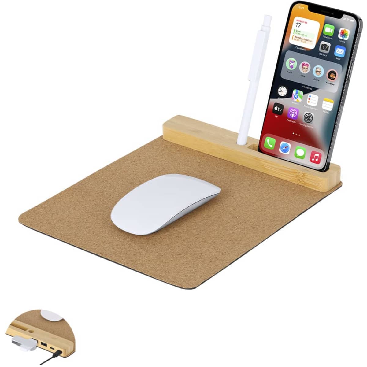 A cork mouse pad with a wooden stand for holding a smartphone and a pen, featuring a white mouse.