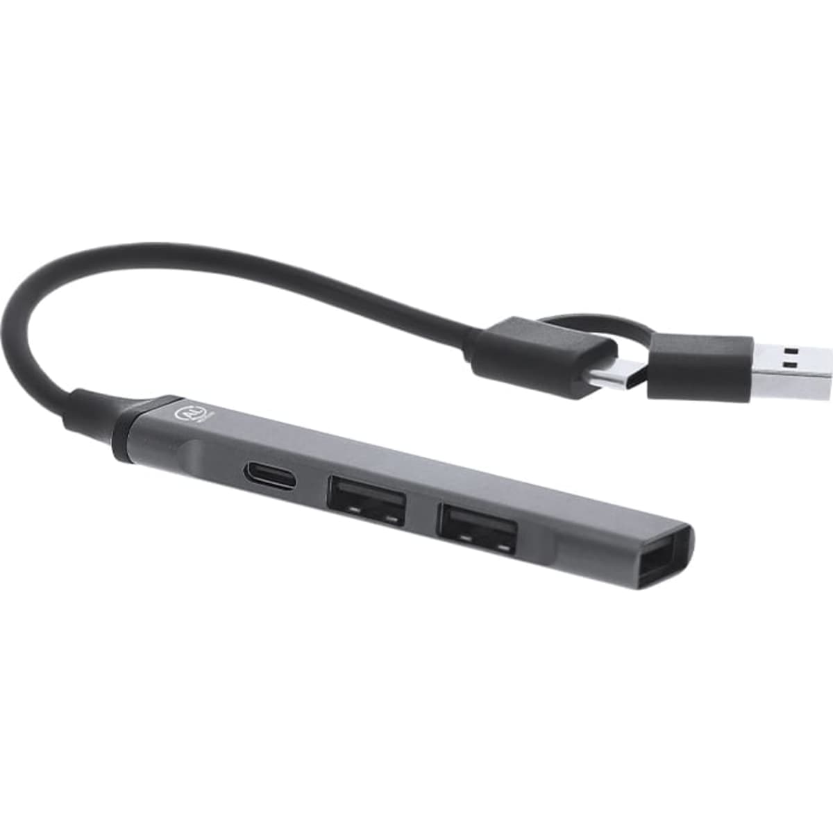 A grey USB hub with two USB ports and a USB-C connector, featuring a sleek design and a flexible cable.
