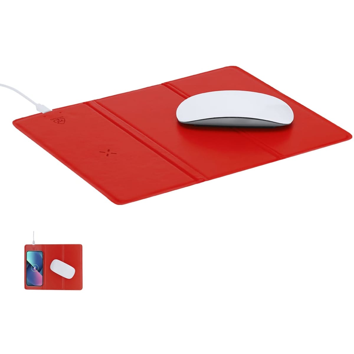 A red wireless charging pad with a white mouse placed on it. The pad has a logo in the corner.