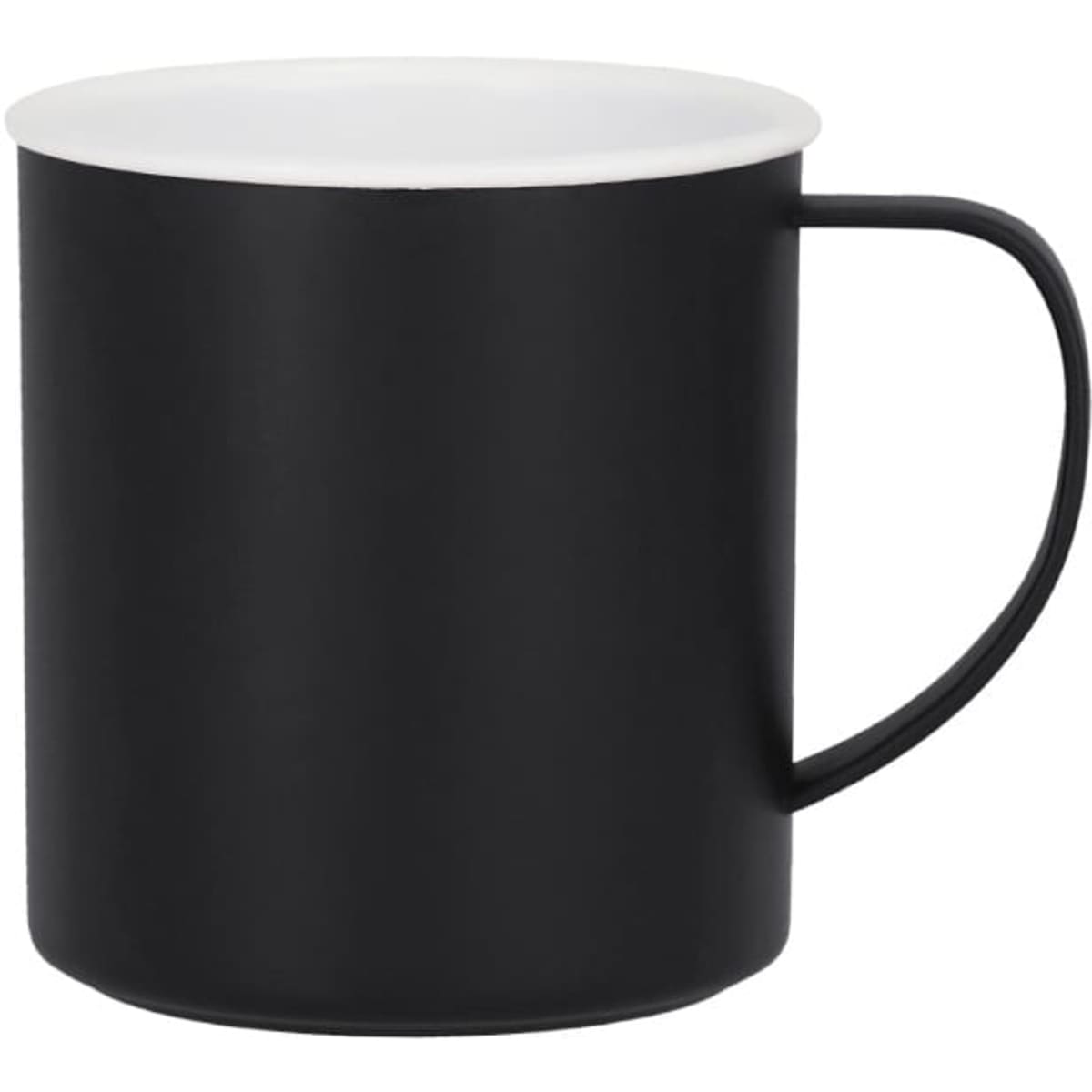 A coffee mug with a sleek black body and a contrasting white rim, featuring a handle and branding.
