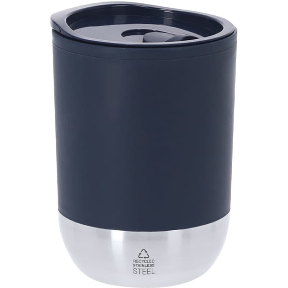 A drink bottle featuring a navy exterior and a stainless steel base, complete with a lid and a logo.