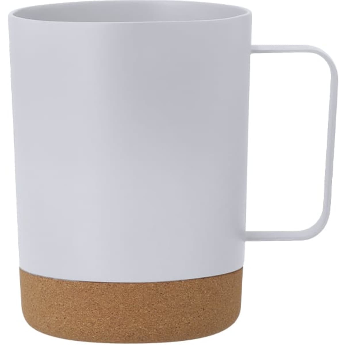 A coffee mug with a white upper section and a cork base, featuring a simple handle and minimal design.